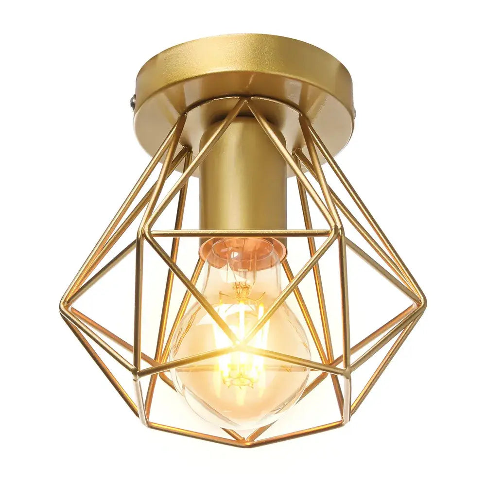Modern geometric iron frame cage ceiling light in gold with visible filament bulb ideal for aisle and loft decorbites iron frame