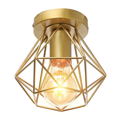 Modern geometric iron frame cage ceiling light in gold with visible filament bulb ideal for aisle and loft decorbites iron frame
