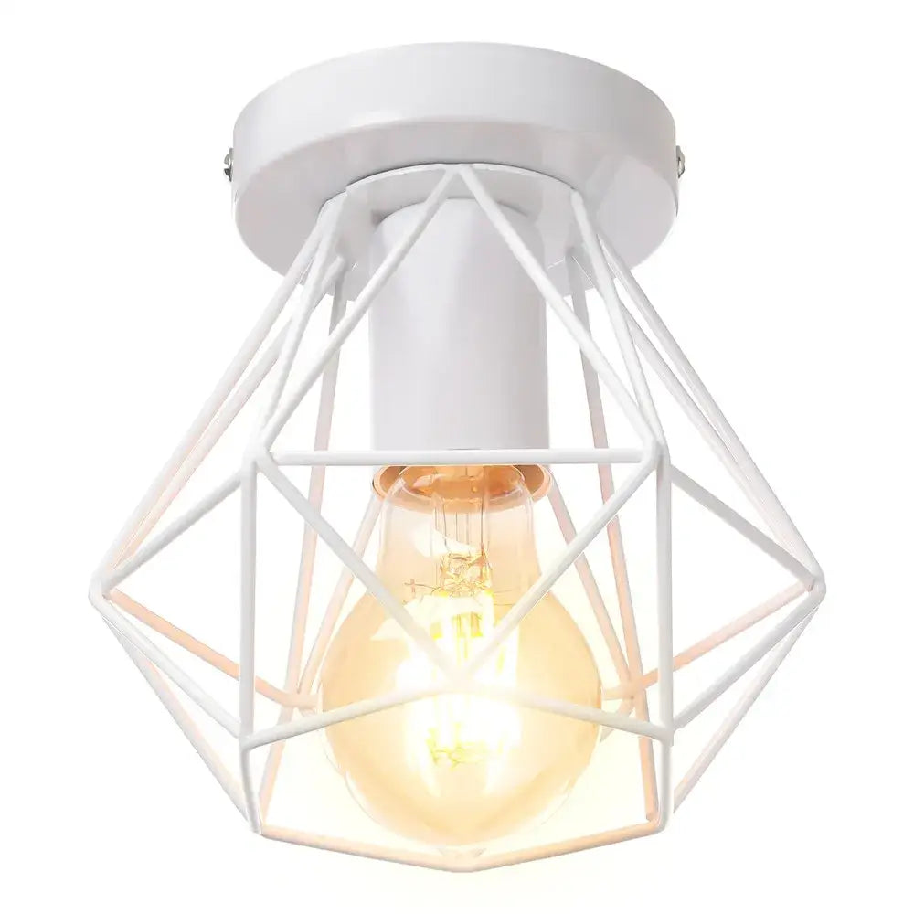 Modern geometric iron frame cage ceiling light in white with warm-toned bulb for aisle and loft decorbites iron frame