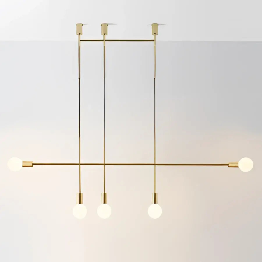 Modern geometric iron pendant light with brass finish and five spherical bulbs for minimalist dining room decorbites design