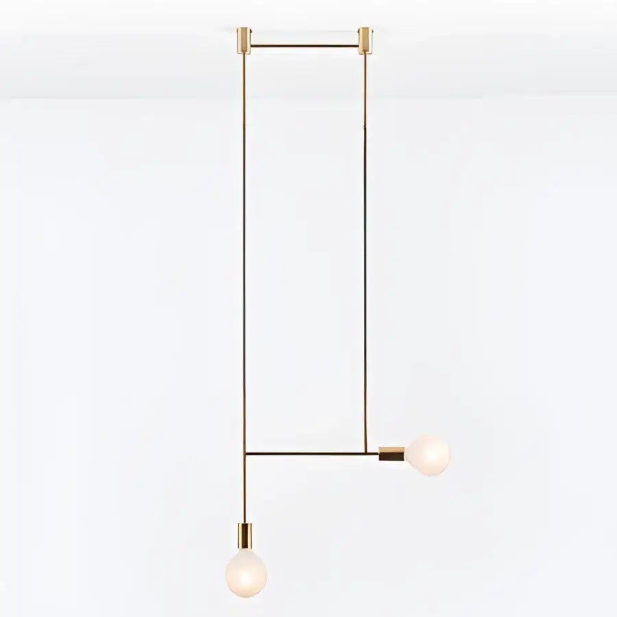 Modern geometric iron pendant light brass and black with two exposed bulb fixtures by decorbites for dining room decor