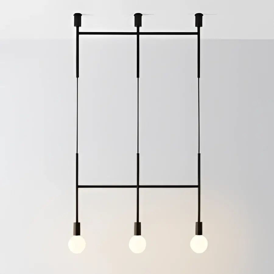 Black metal frame pendant light with three exposed bulbs featuring decorbites geometric iron pendant design in brass and black