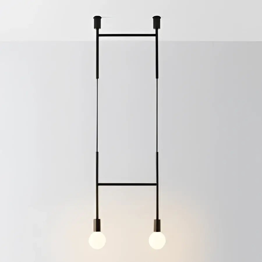 Black ladder-style pendant light with two exposed bulbs in decorbites geometric iron pendant for dining room use