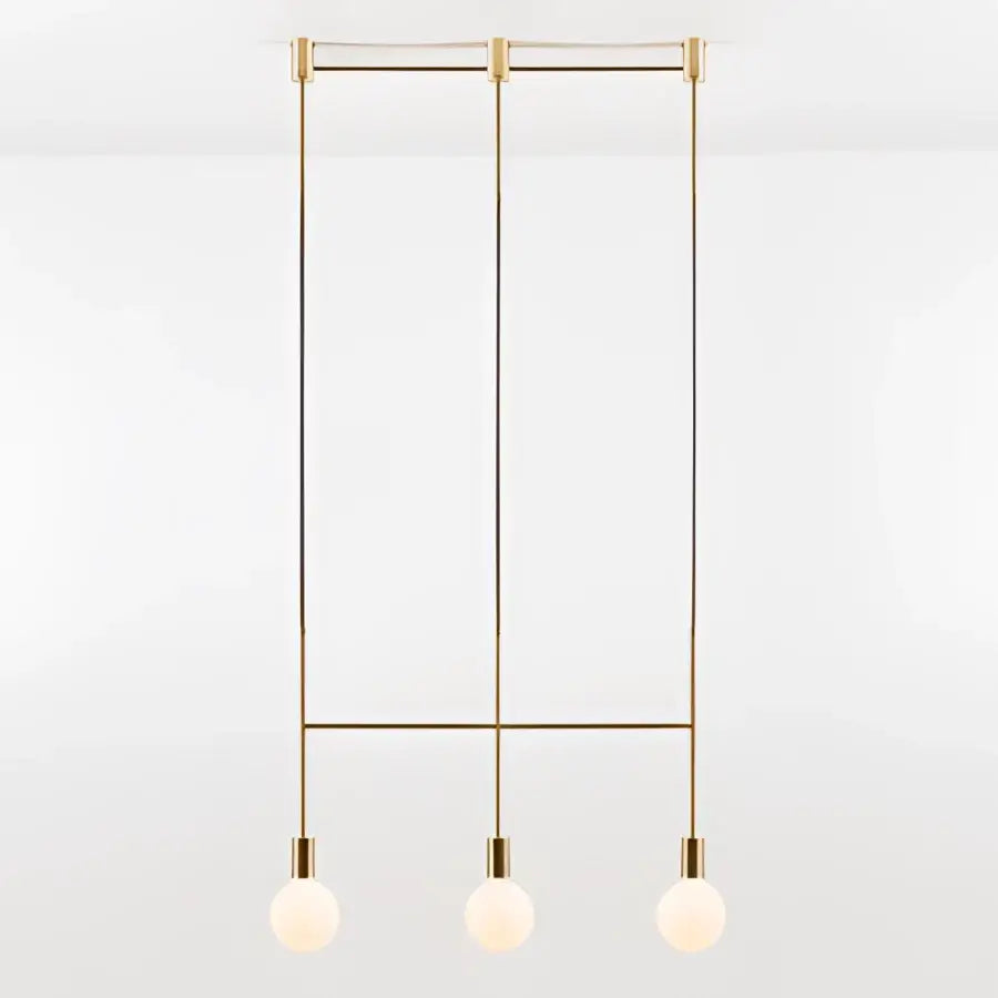 Modern geometric iron pendant light with gold-toned minimalist brass rods and three frosted glass bulbs for dining room decorbites geometric iron pendant