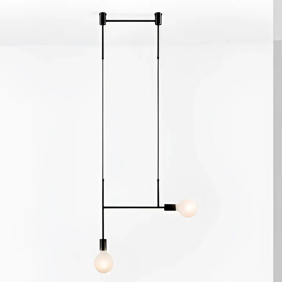 Black minimalist geometric iron pendant light with two exposed bulbs for modern dining room decorbites pendant light