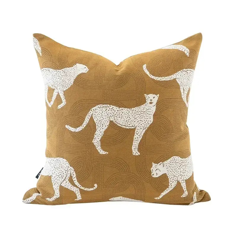 Modern geometric jacquard cushion cover in mustard yellow fabric with white embroidered cheetah pattern decorbites geometric jacquard