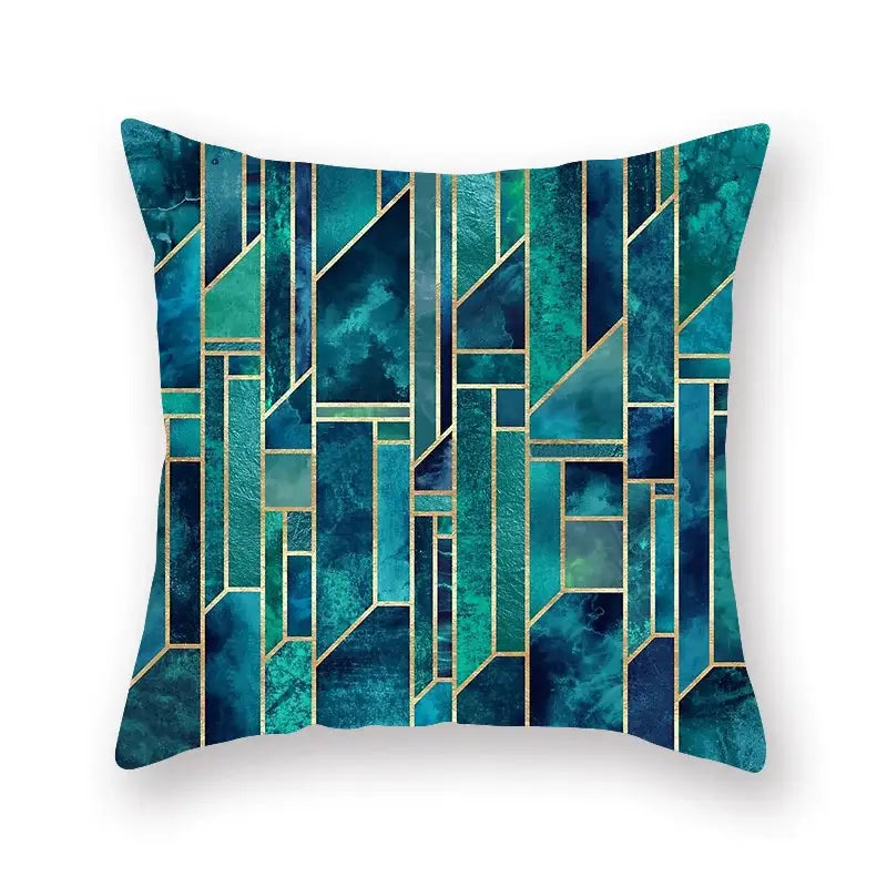 A square throw pillow with teal and blue marbled geometric leaf flower pillowcase outlined in gold for living room decorbites geometric leaf