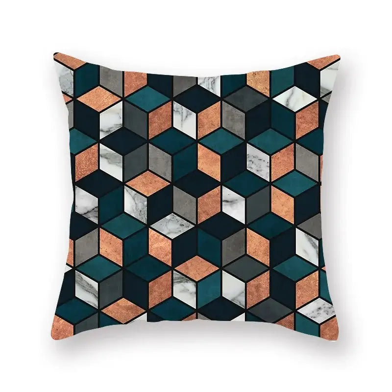 A square throw pillow with a modern geometric leaf flower pattern in teal copper gray and white marble decorbites geometric leaf