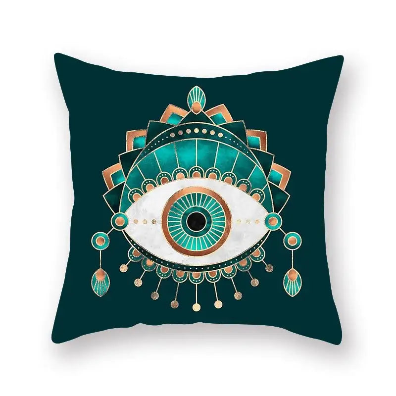 Modern geometric leaf flower pillowcase in teal and gold with ornate mandala patterns on dark teal decorbites geometric leaf background