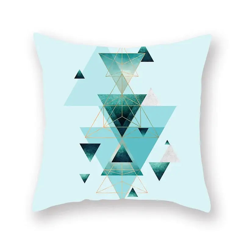 Modern geometric leaf flower pillowcase with teal navy and gold triangles on light mint for living room decorbites decor