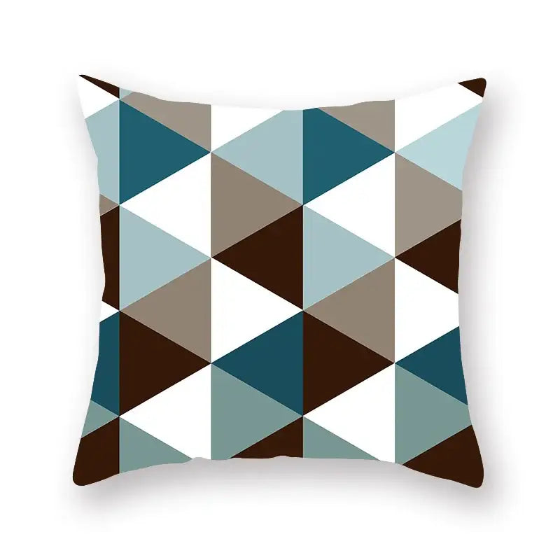 A modern geometric leaf flower square throw pillowcase in teal blue with interlocking triangle pattern for decorbites decor