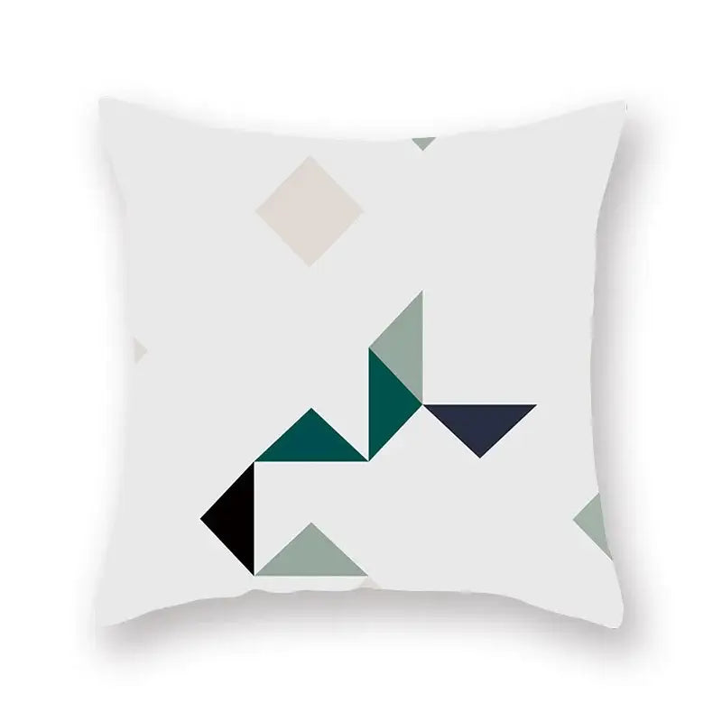 White throw pillow with modern geometric leaf flower design in teal blue shades for decorbites geometric leaf pillowcase