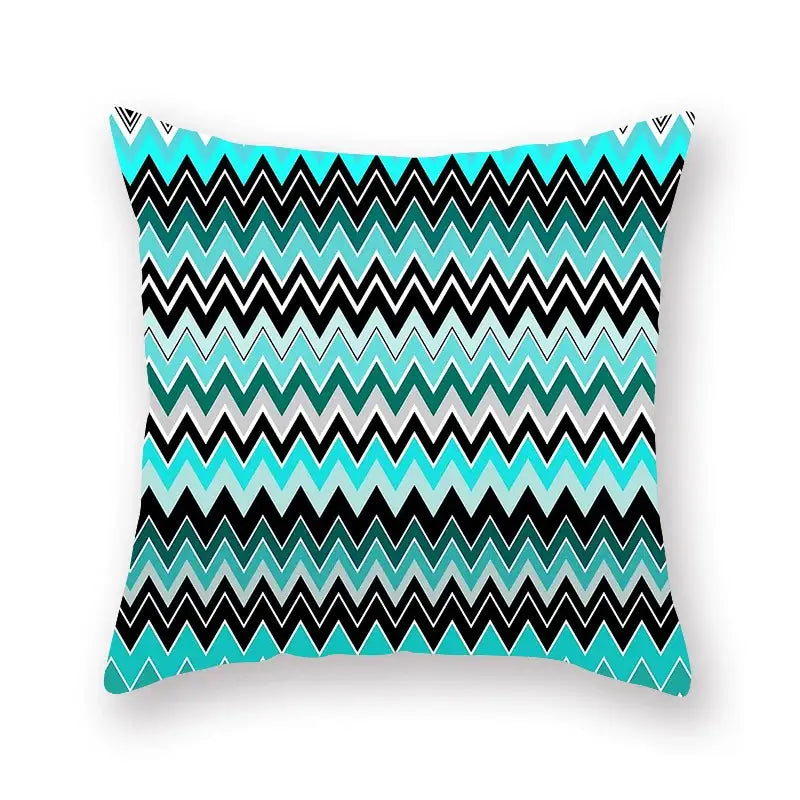 A modern geometric leaf flower square throw pillowcase with bold teal black and white zigzag pattern for living room decorbites decor