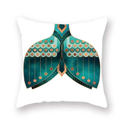 White throw pillow with stylized teal and copper mermaid tail design featuring intricate scales for decorbites geometric leaf flower pillowcase