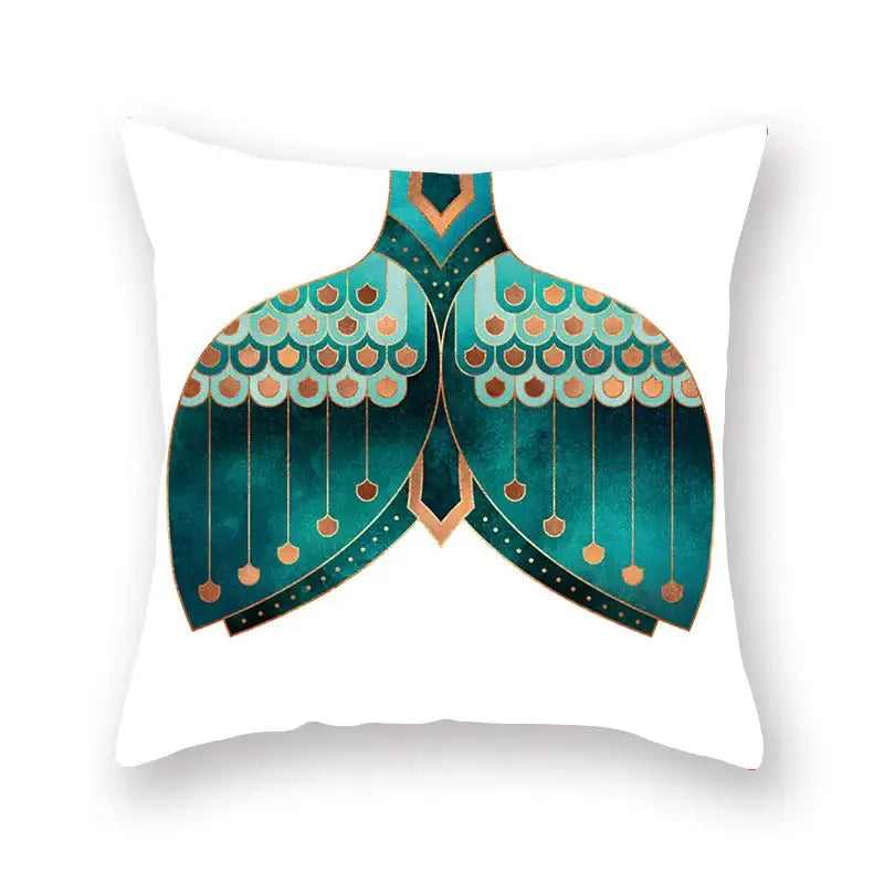 White throw pillow with stylized teal and copper mermaid tail design featuring intricate scales for decorbites geometric leaf flower pillowcase