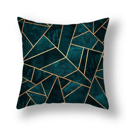 Deep teal velvet throw pillow with gold metallic geometric leaf flower pattern for decorbites living room decor