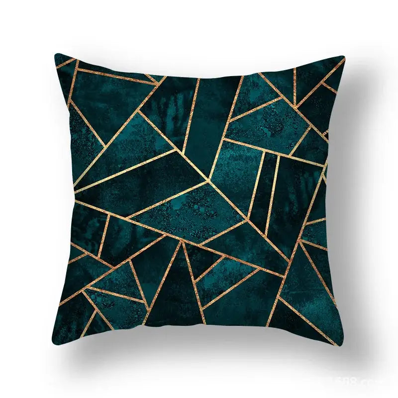 Deep teal velvet throw pillow with gold metallic geometric leaf flower pattern for decorbites living room decor