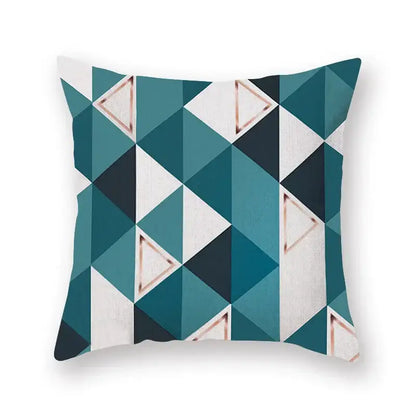 Modern geometric leaf throw pillowcase with interlocking teal and blue triangles and rose gold outlines for living room decorbites geometric leaf