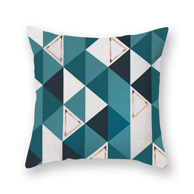 Modern geometric leaf throw pillowcase with interlocking teal and blue triangles and rose gold outlines for living room decorbites geometric leaf