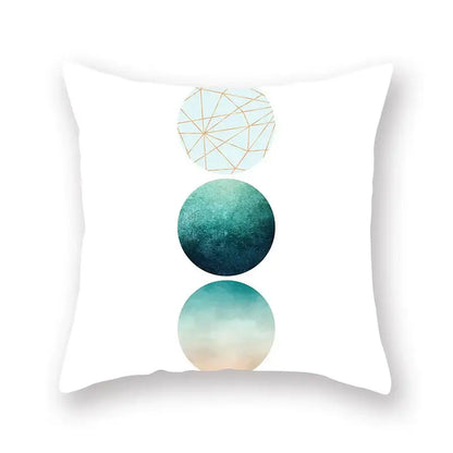 White throw pillow with three teal and gold geometric leaf circular designs for modern leaf flower pillowcase decorbites