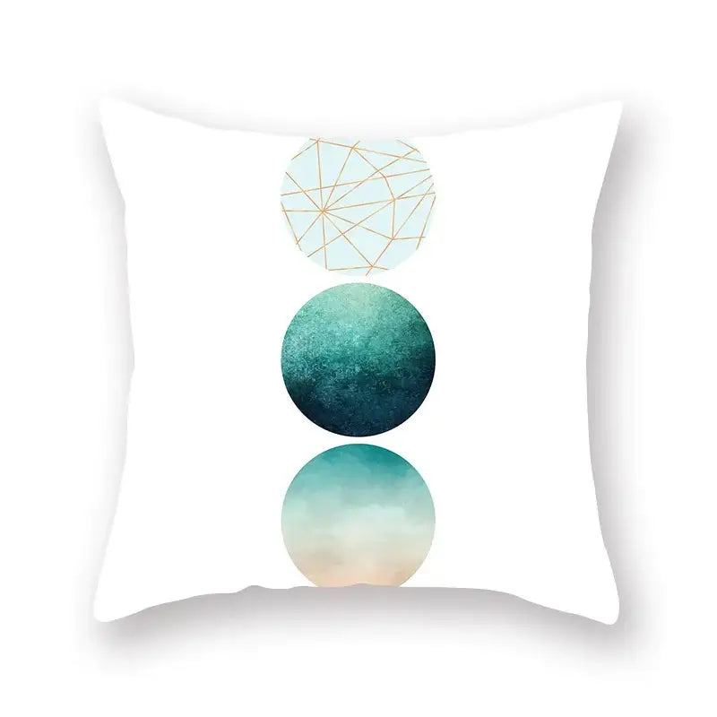 White throw pillow with three teal and gold geometric leaf circular designs for modern leaf flower pillowcase decorbites