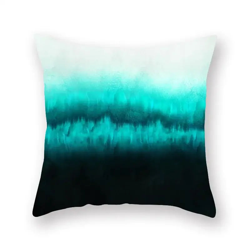 Square throw pillow with geometric leaf flower pillowcase in teal blue gradient abstract watercolor decorbites design
