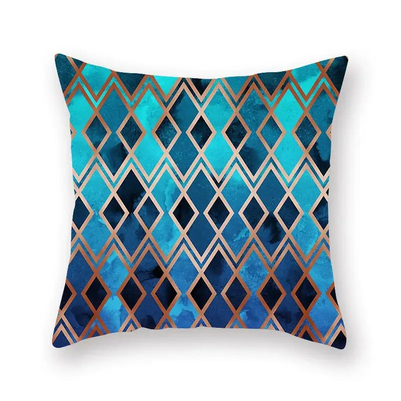 Modern geometric leaf flower pillowcase featuring blue interlocking diamonds with metallic copper outlines for living room decorbites geometric leaf