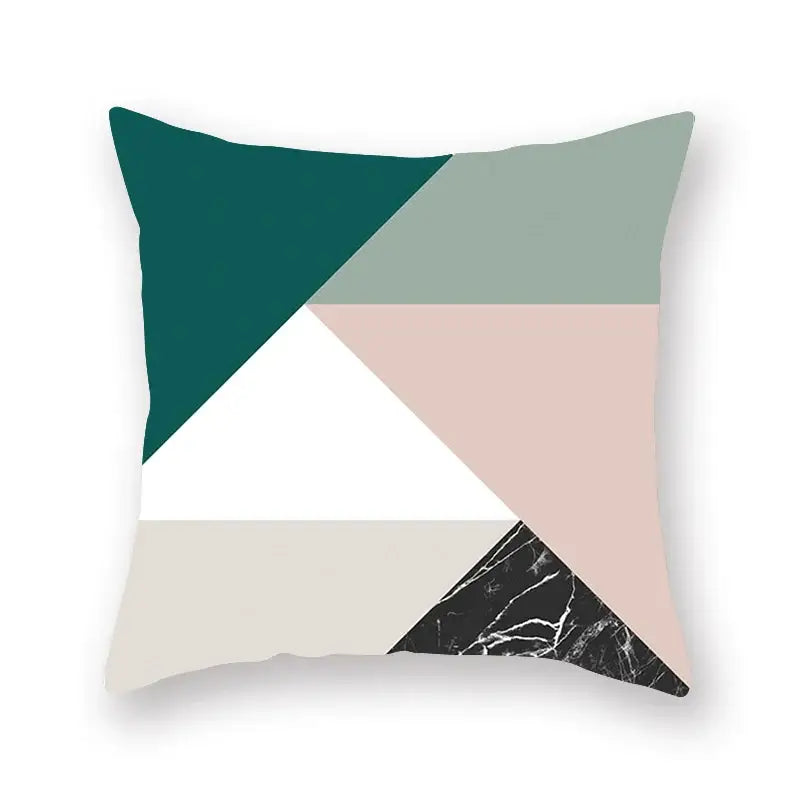 A modern geometric leaf flower pillowcase with bold teal, sage, blush, white, and black marble decorbites geometric leaf design