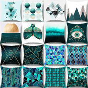 A collection of modern geometric leaf flower pillowcases in teal blue with abstract designs for living room decorbites decor