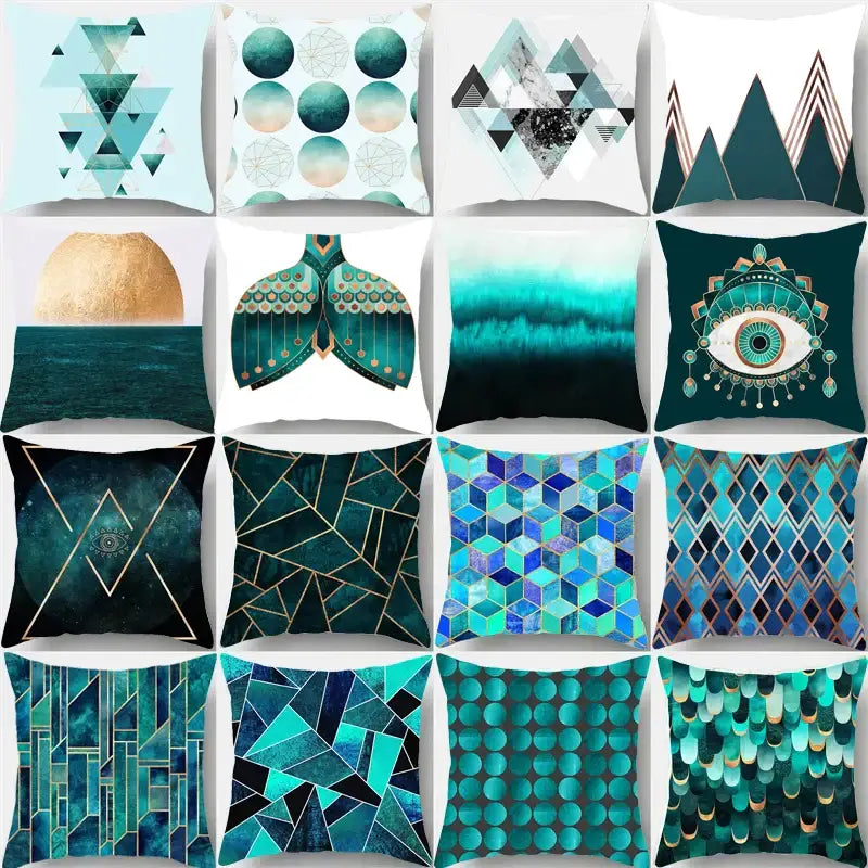 A collection of modern geometric leaf flower pillowcases in teal blue with abstract designs for living room decorbites decor