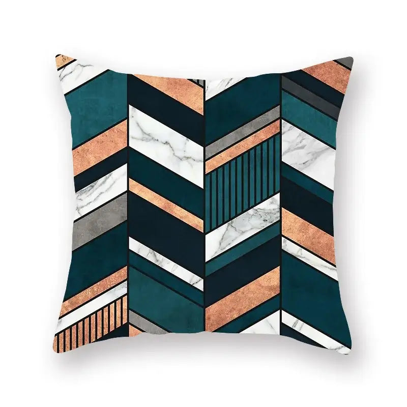Square throw pillow with modern geometric leaf flower pillowcase in teal copper white marble and dark gray for decorbites geometric leaf decor