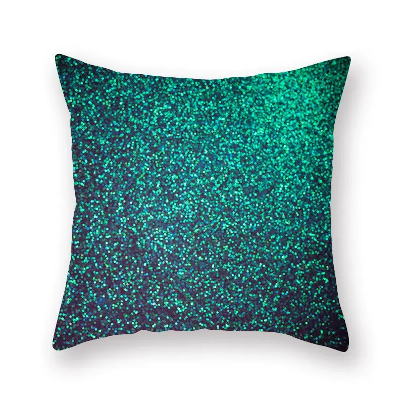 Square throw pillow with a sparkling teal glitter geometric leaf flower pattern fading to dark navy for decorbites decorbites geometric leaf flower pillowcase