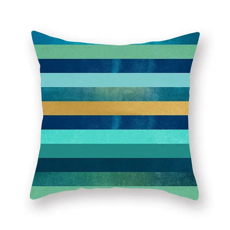 A square leaf flower pillowcase with horizontal teal, blue, and golden-yellow stripes for modern living room decorbites decor