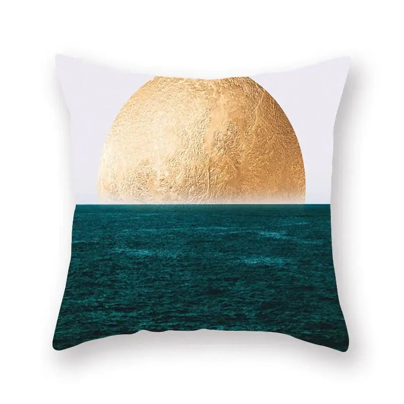 White throw pillow with textured gold sun over deep teal ocean design for modern geometric leaf flower pillowcase decorbites