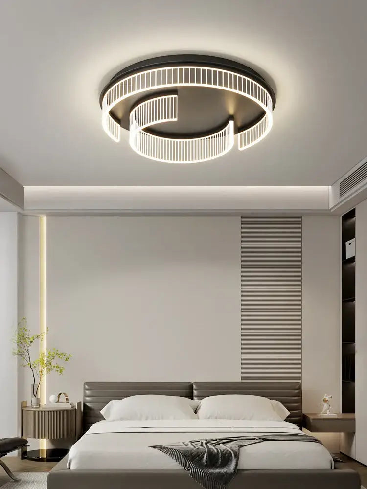 Modern geometric led black chandelier with sleek black acrylic frame and glowing white led rings for living room decorbites led black
