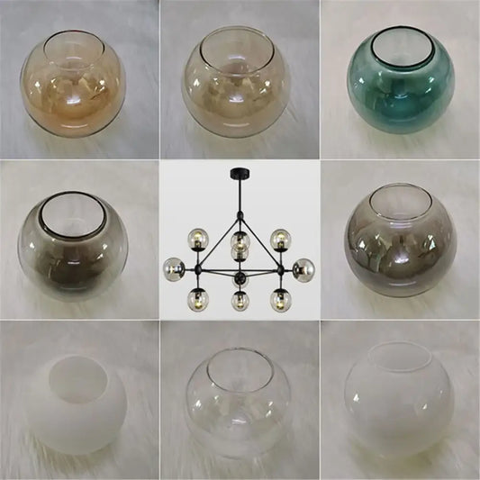 A modern geometric magic bean lighting chandelier with black metal frame and smoke and amber glass globes for dining room