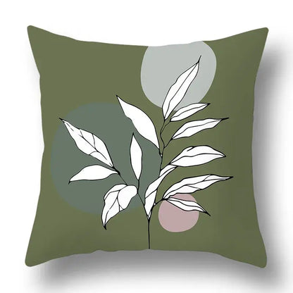 Olive green pillow cover with minimalist white leaf and geometric print decorbites green plants for living room decor