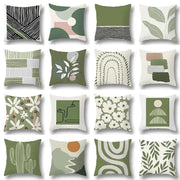 Set of twelve modern pillow covers with geometric print and decorbites green plants design in muted earthy tones