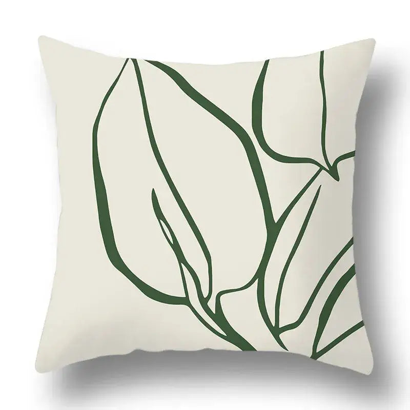 Cream-colored pillow cover with minimalist green leaf geometric print for decorbites green plants living room decor