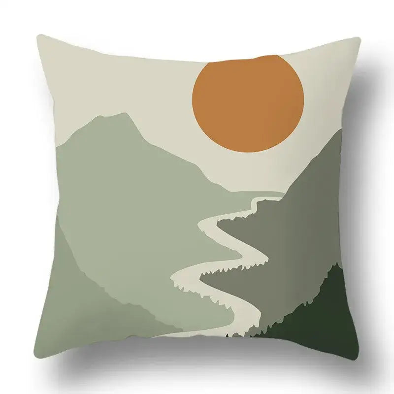 Square throw pillow cover with minimalist geometric print mountain landscape in muted green tones for decorbites green plants decor