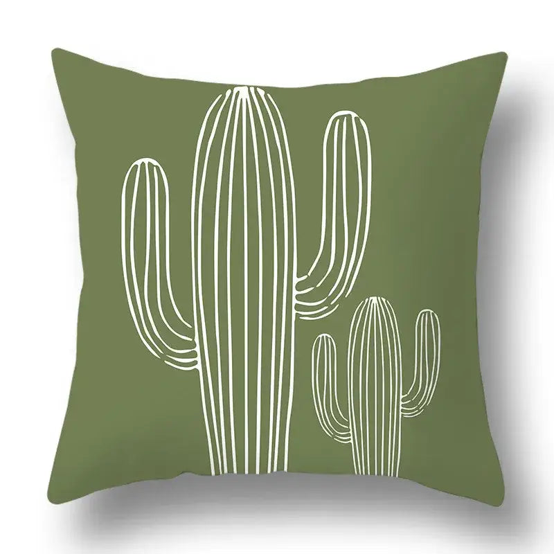 Olive green pillow cover with minimalist white geometric print of cacti for decorbites green plants living room decor