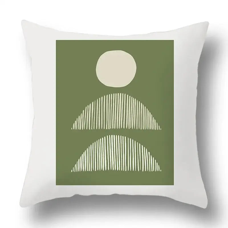 White throw pillow cover with minimalist geometric print on olive green background for decorbites green plants set