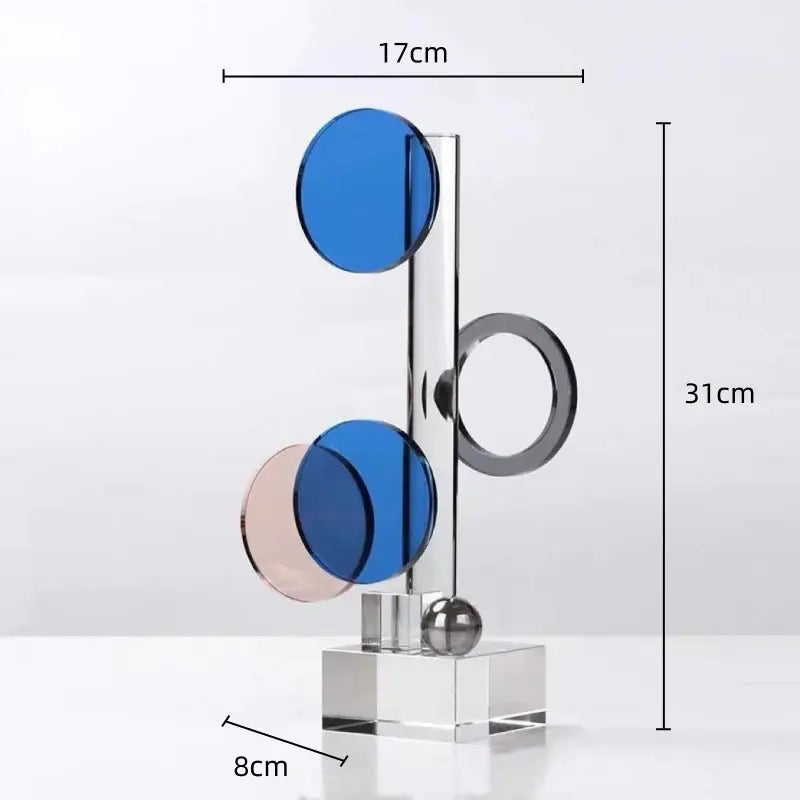 Modern geometric ring acrylic sculpture with translucent blue pink discs silver sphere on clear base for home decor decorbites crystal geometric