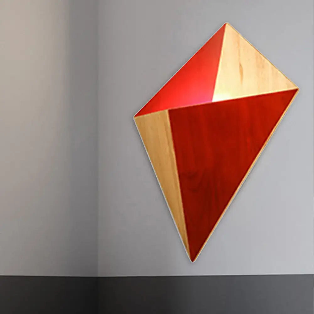 Modern geometric rubber wood wall sconce with bold red and natural wood diamond panels for bedroom lighting