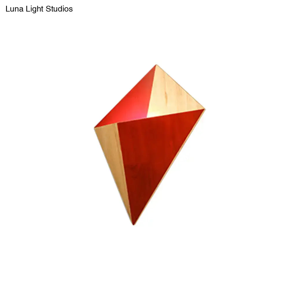Modern geometric rubber wood wall sconce with faceted red and natural wood triangular panels for bedroom lighting