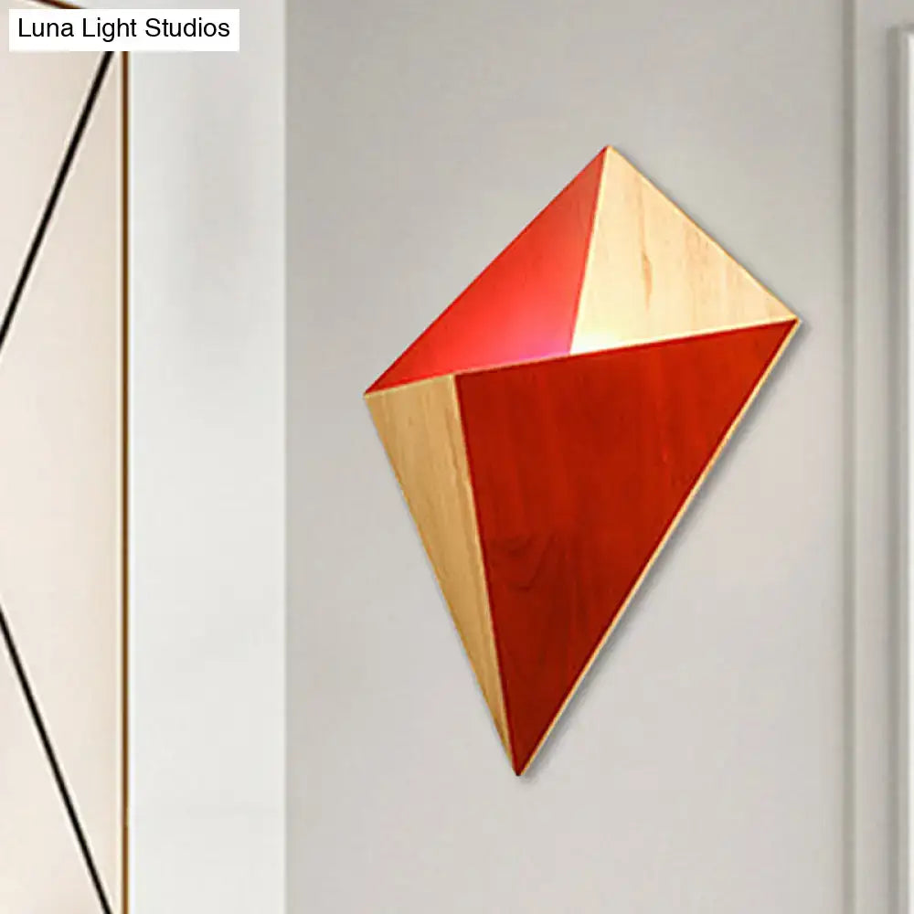 Modern geometric rubber wood wall sconce with triangular red and natural wood panels for bedroom lighting