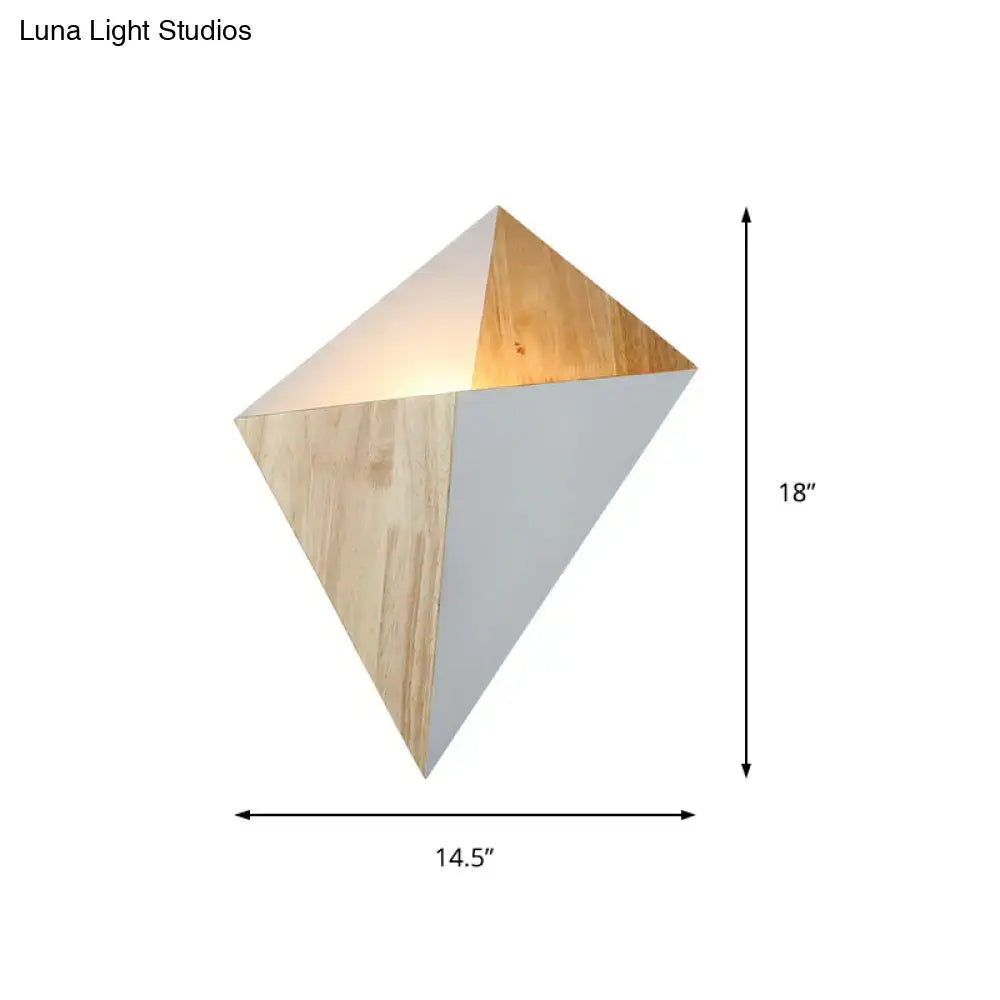 Modern geometric rubber wood wall sconce with triangular natural wood and matte white panels for bedroom lighting