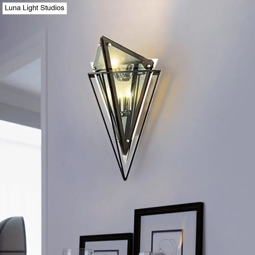 Modern geometric smoke gray led wall lamp with black metal frame and clear glass panels for living room sconce lighting