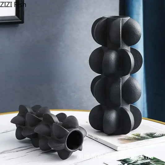 Black matte ceramic vase with stacked rounded geometric design for modern geometric spiral resin decorbites decor
