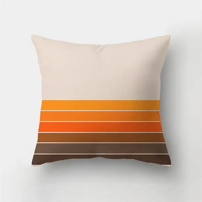 Beige throw pillow case featuring geometric stripe patchwork design with horizontal orange to brown stripes for living room decor